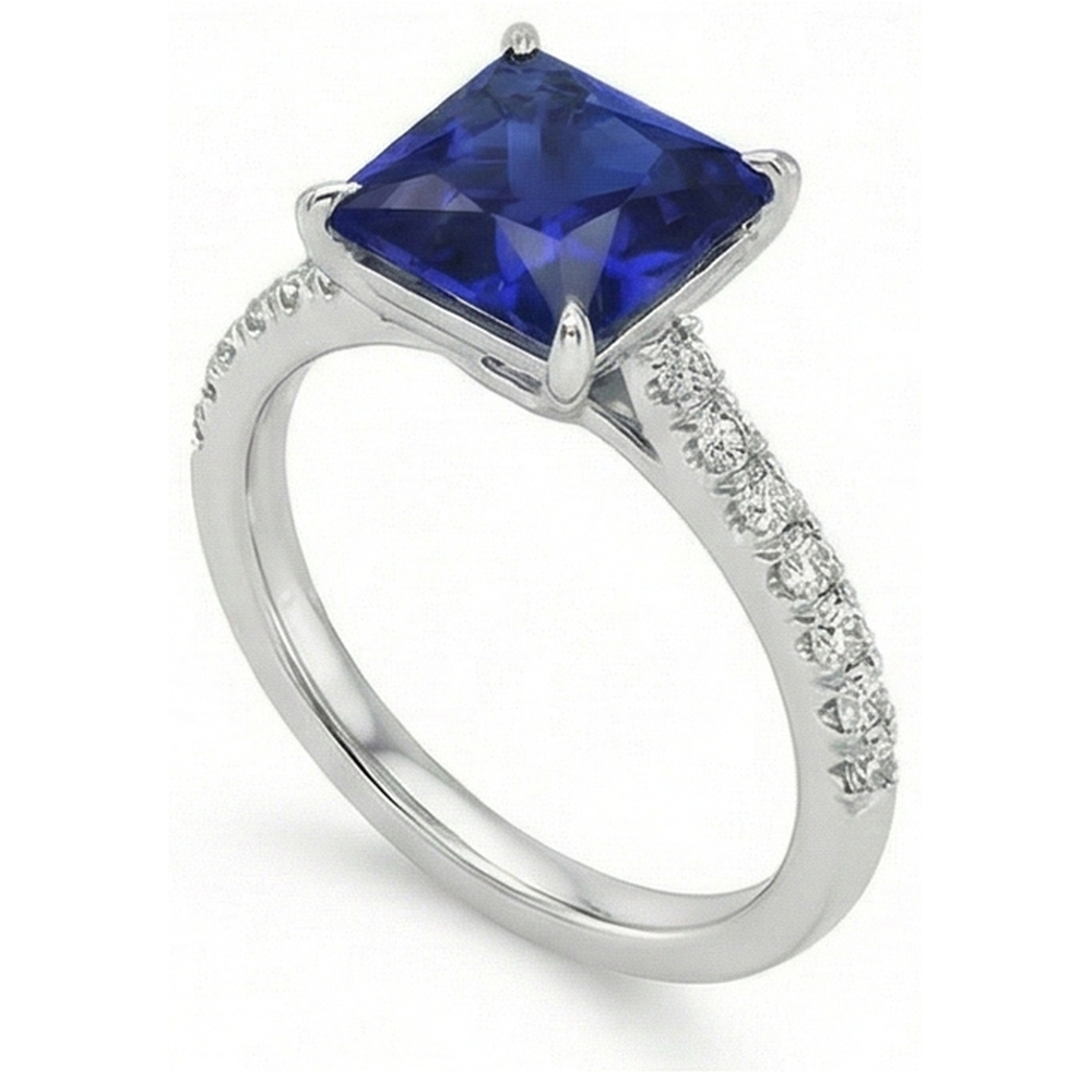 Blue Sapphire & Natural Earth Mined Diamond ( Not Lab Grown ) Solitaire Accents Ring 5.50 Carat Princess Cut
