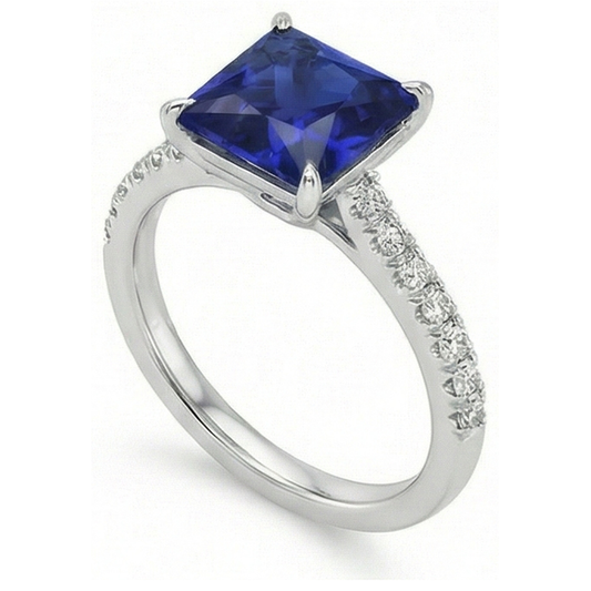 Blue Sapphire & Natural Earth Mined Diamond ( Not Lab Grown ) Solitaire Accents Ring 5.50 Carat Princess Cut