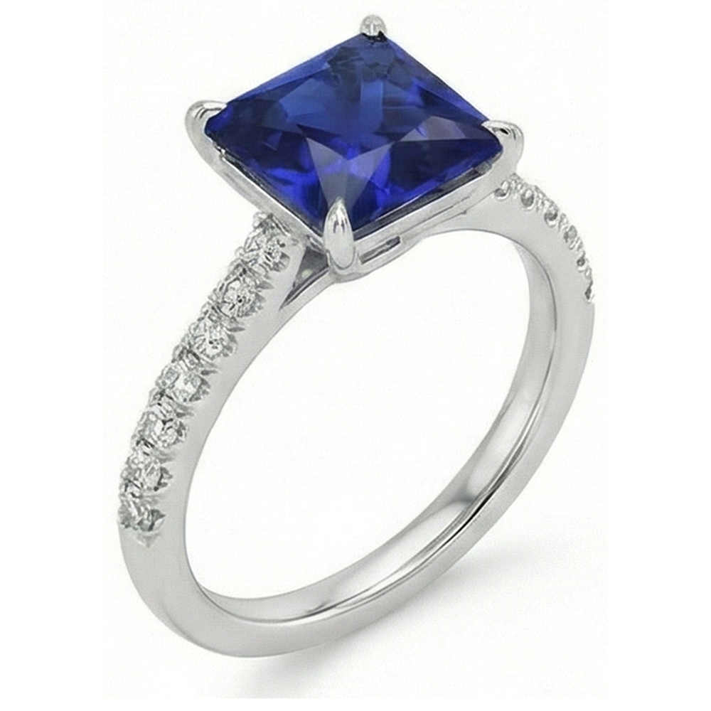 Blue Sapphire & Natural Earth Mined Diamond ( Not Lab Grown ) Solitaire Accents Ring 5.50 Carat Princess Cut