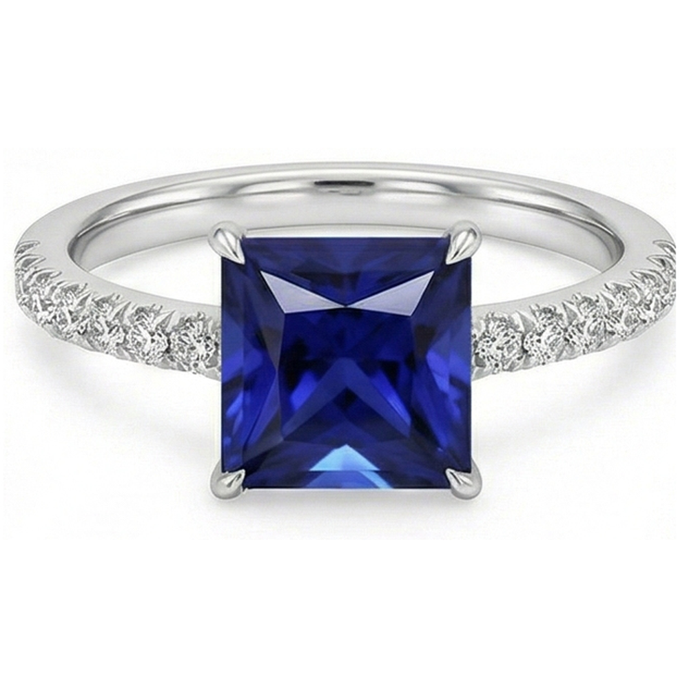 Blue Sapphire & Natural Earth Mined Diamond ( Not Lab Grown ) Solitaire Accents Ring 5.50 Carat Princess Cut