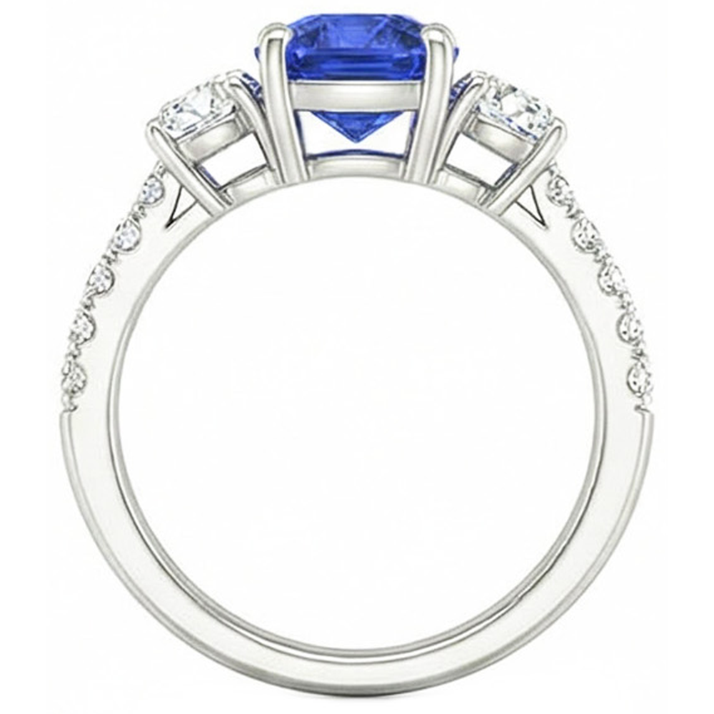 Blue Sapphire & Round Natural Earth Mined Diamond Ring 3.50 Carats 3 Stone Style Jewelry