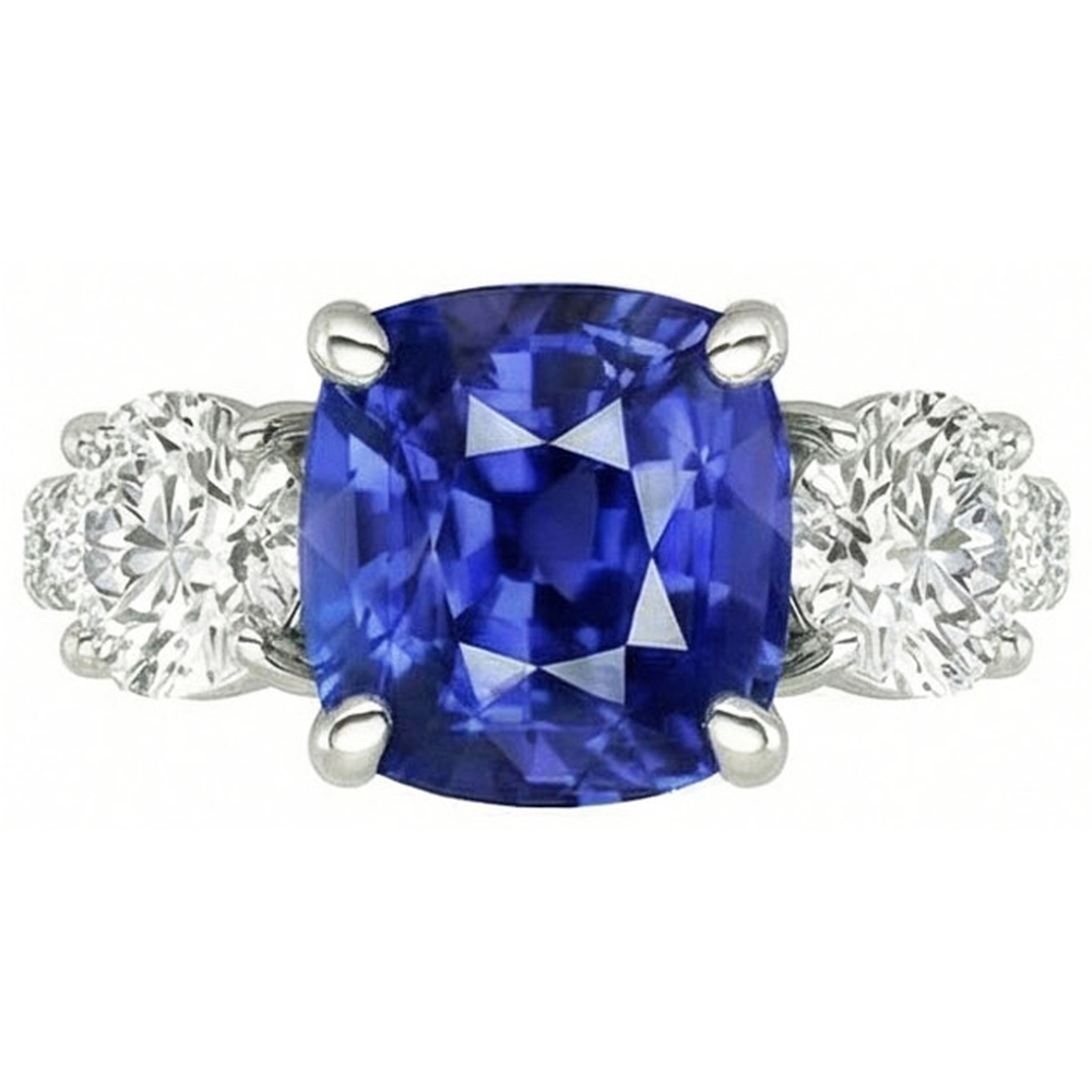 Blue Sapphire & Round Natural Earth Mined Diamond Ring 3.50 Carats 3 Stone Style Jewelry