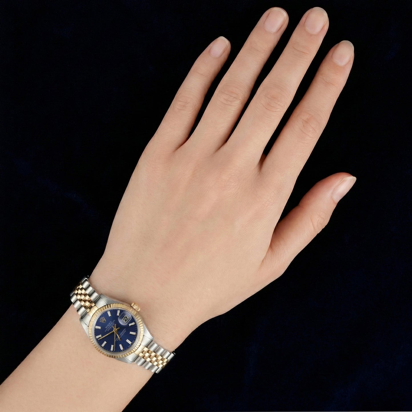 Blue Stick Dial Watch Rolex Ss & Gold Jubilee Brace Fluted Bezel