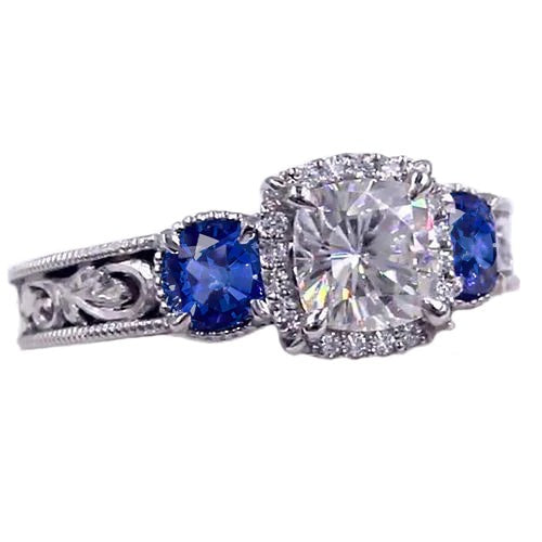 Blue Sapphire Real Diamond Milligrain Ring Antique Style 3 Carats