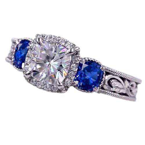 Blue Sapphire Real Diamond Milligrain Ring Antique Style 3 Carats