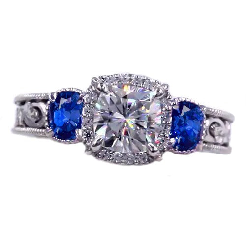 Blue Sapphire Real Diamond Milligrain Ring Antique Style 3 Carats