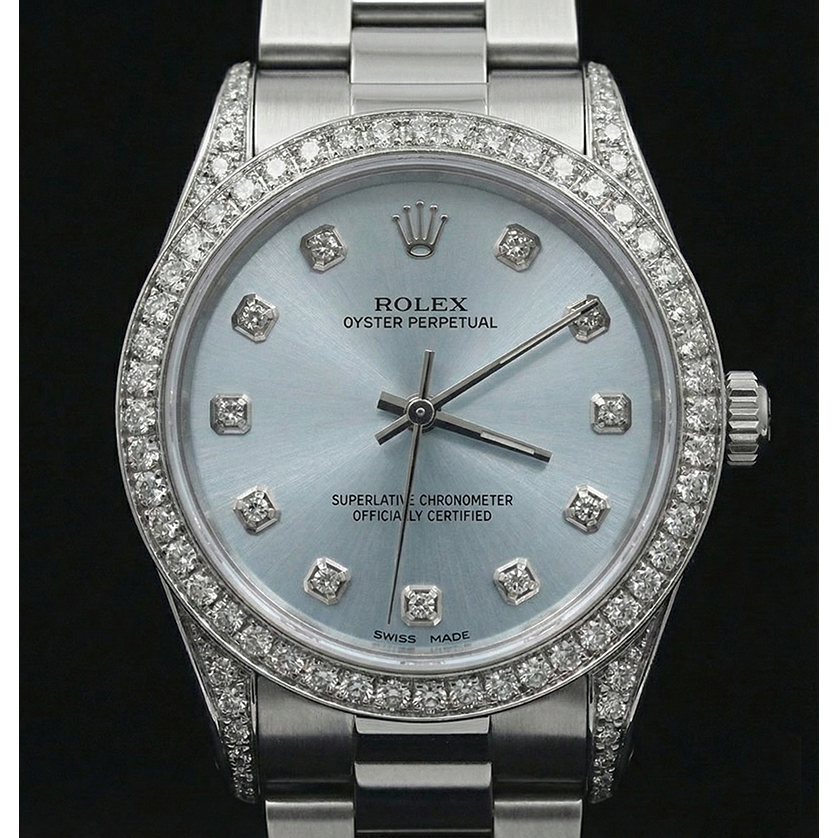 Blue Custom Diamonds Dial Midsize No Date Rolex Watch Bracelet Ss