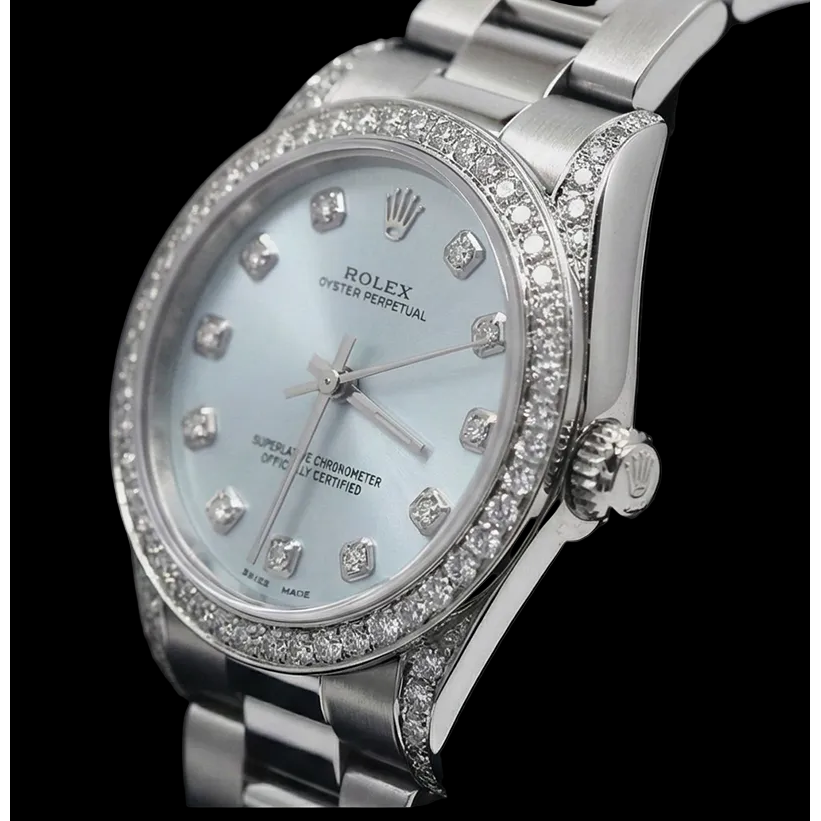 Blue Custom Diamonds Dial Midsize No Date Rolex Watch Bracelet Ss