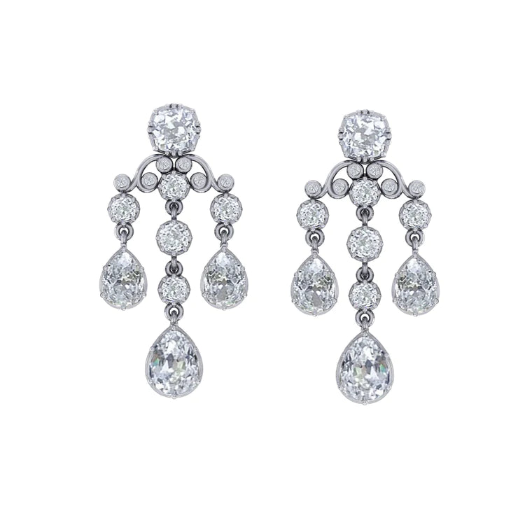 Bridal Chandelier Earrings Pear, Cushion Old Cut Real Diamonds 6.50 Carats