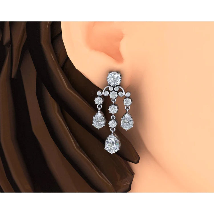 Bridal Chandelier Earrings Pear, Cushion Old Cut Real Diamonds 6.50 Carats