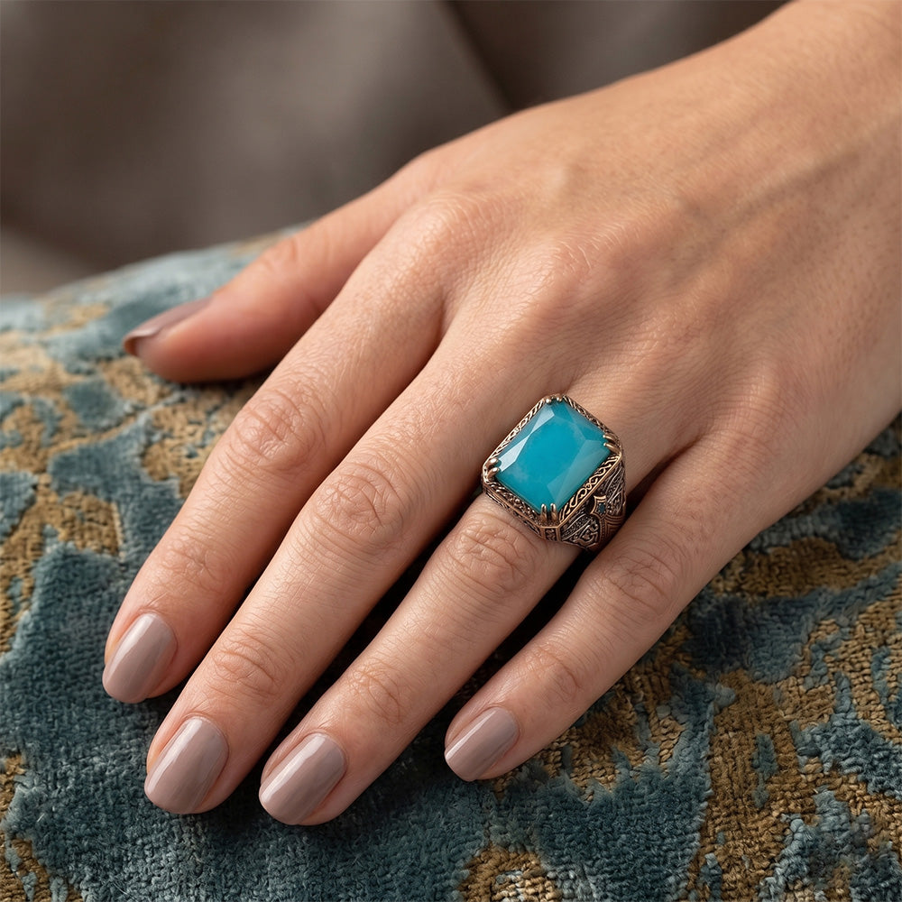Brilliant Turquoise Turquoise Halo Ring – 5 ct 14K Two Tone Gold