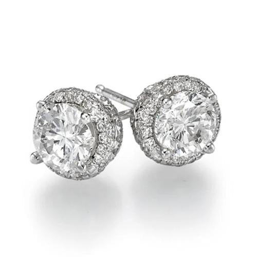 Brilliant Cut 3.50 Carats Real Diamonds Halo Studs Earrings White Gold 14K