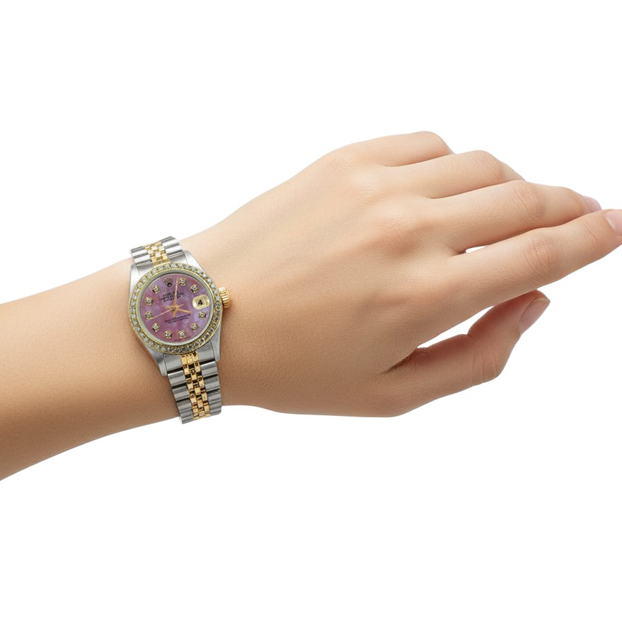 Burgundy Diamond Dial Bezel Ss & Gold Jubilee Bracelet Lady Rolex P5