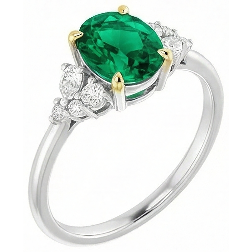 Oval Cut Emerald ring in Two-Tone 14K Gold – angle view