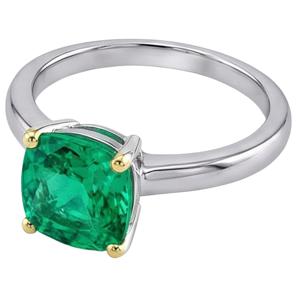 Emerald Cushion Gemstone Ring in 14 Karat Two Tone Gold – angle view