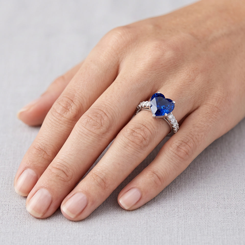 Cathedral Setting Blue Sapphire Natural Earth Mined Diamond ( Not Lab Grown ) Ring Round Accents
