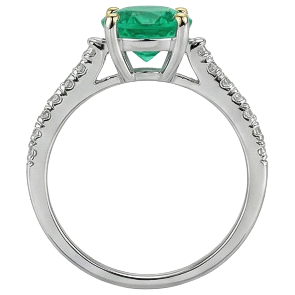 Colombian Emerald Round Brilliant Gemstone Ring in 14K Two Tone Gold – top view