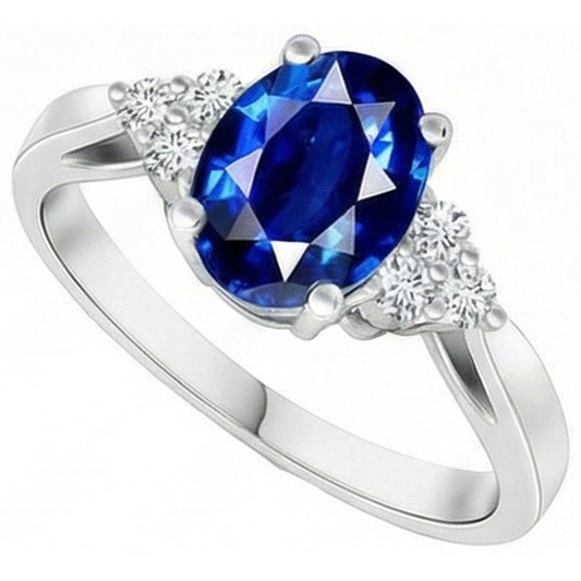 Cathedral Setting Oval Ceylon Sapphire & Natural Earth Mined Diamond ( Not Lab Grown ) Ring White Gold
