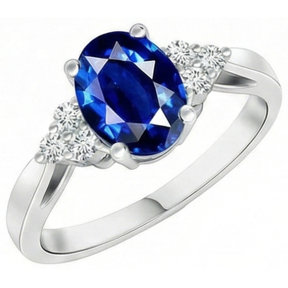 Cathedral Setting Oval Ceylon Sapphire & Natural Earth Mined Diamond ( Not Lab Grown ) Ring White Gold