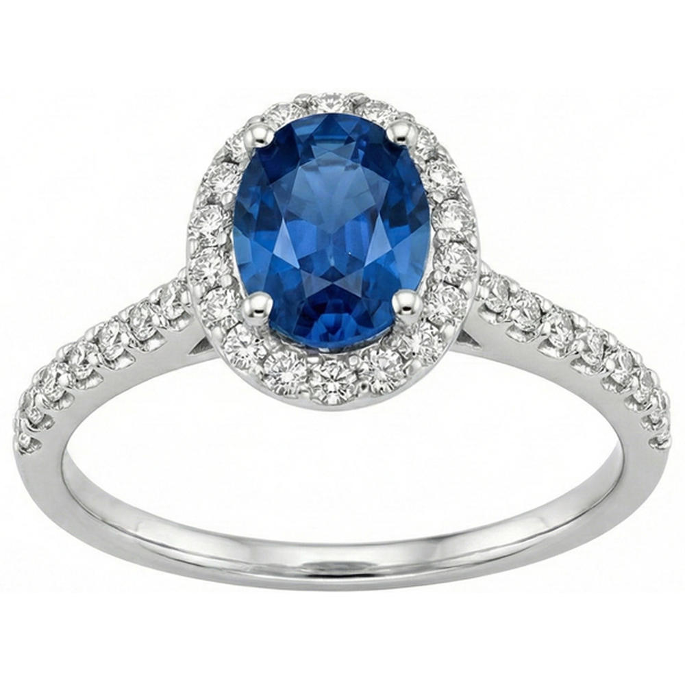 Ceylon Blue Sapphire Halo Natural Earth Mined Diamond ( Not Lab Grown ) Ring 14K White Gold Oval 2.15 Ct.