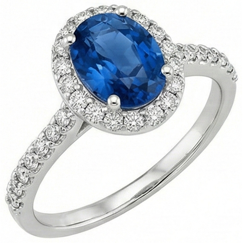 Ceylon Blue Sapphire Halo Natural Earth Mined Diamond ( Not Lab Grown ) Ring 14K White Gold Oval 2.15 Ct.