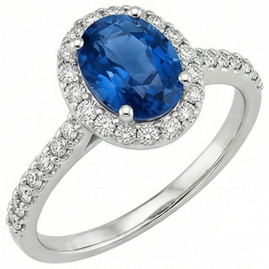 Ceylon Blue Sapphire Halo Natural Earth Mined Diamond ( Not Lab Grown ) Ring 14K White Gold Oval 2.15 Ct.