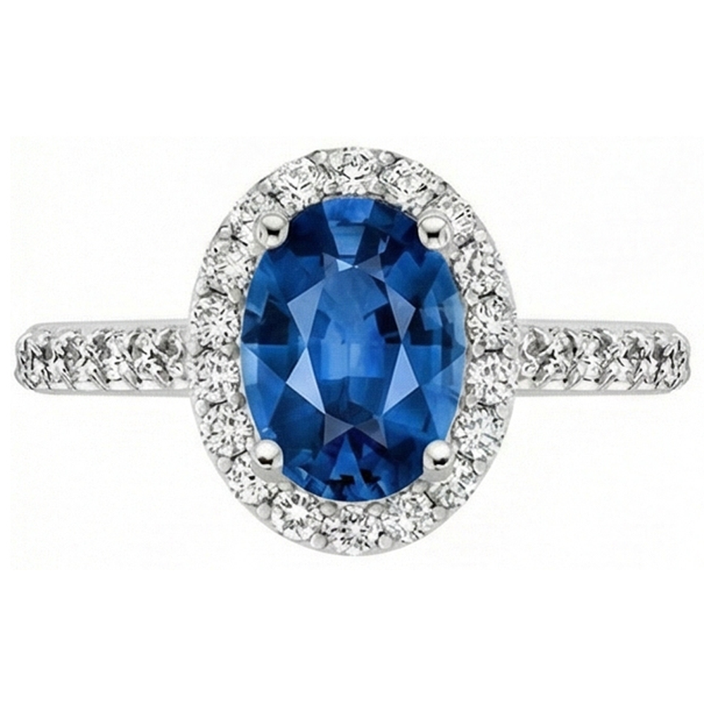 Ceylon Blue Sapphire Halo Natural Earth Mined Diamond ( Not Lab Grown ) Ring 14K White Gold Oval 2.15 Ct.