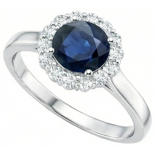 Ceylon Blue Sapphire Ring Round Natural Earth Mined Diamond ( Not Lab Grown )  2.45 Carats White Gold 14K