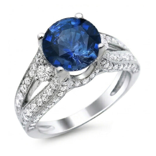 Ceylon Blue Sapphire With Natural Earth Mined Diamond ( Not Lab Grown )s Ring 4 Ct White Gold 14K
