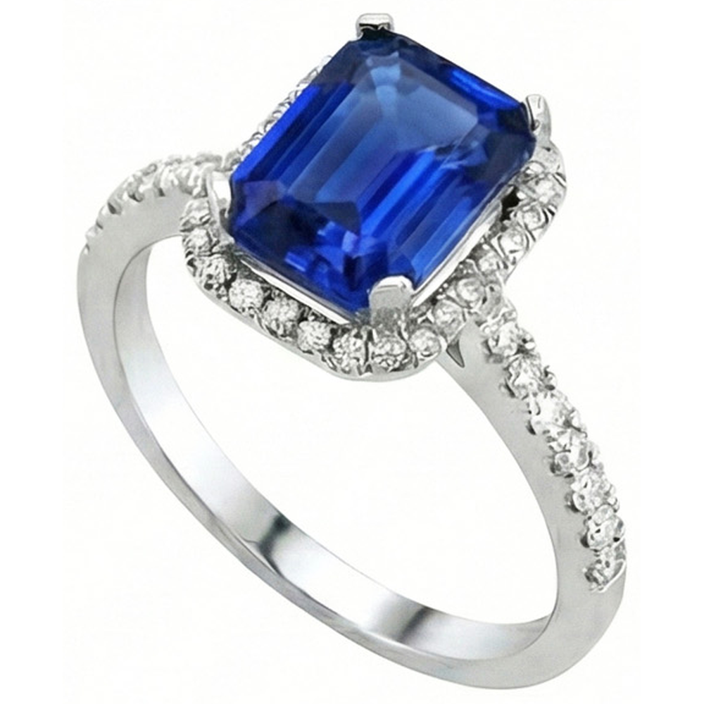 Ceylon Blue Sapphire With Natural Earth Mined Diamond ( Not Lab Grown ) s Ring 3.50 Ct White Gold 14K