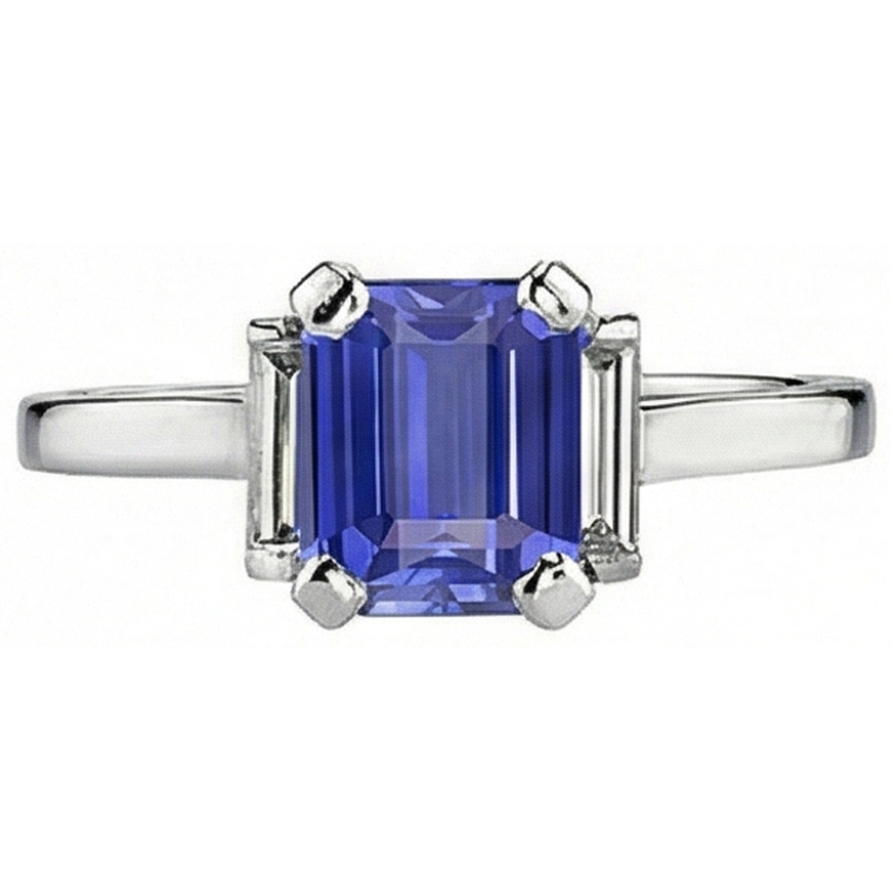 Ceylon Sapphire 3 Stone Emerald Shaped & Baguette Ring 2.50 Carats