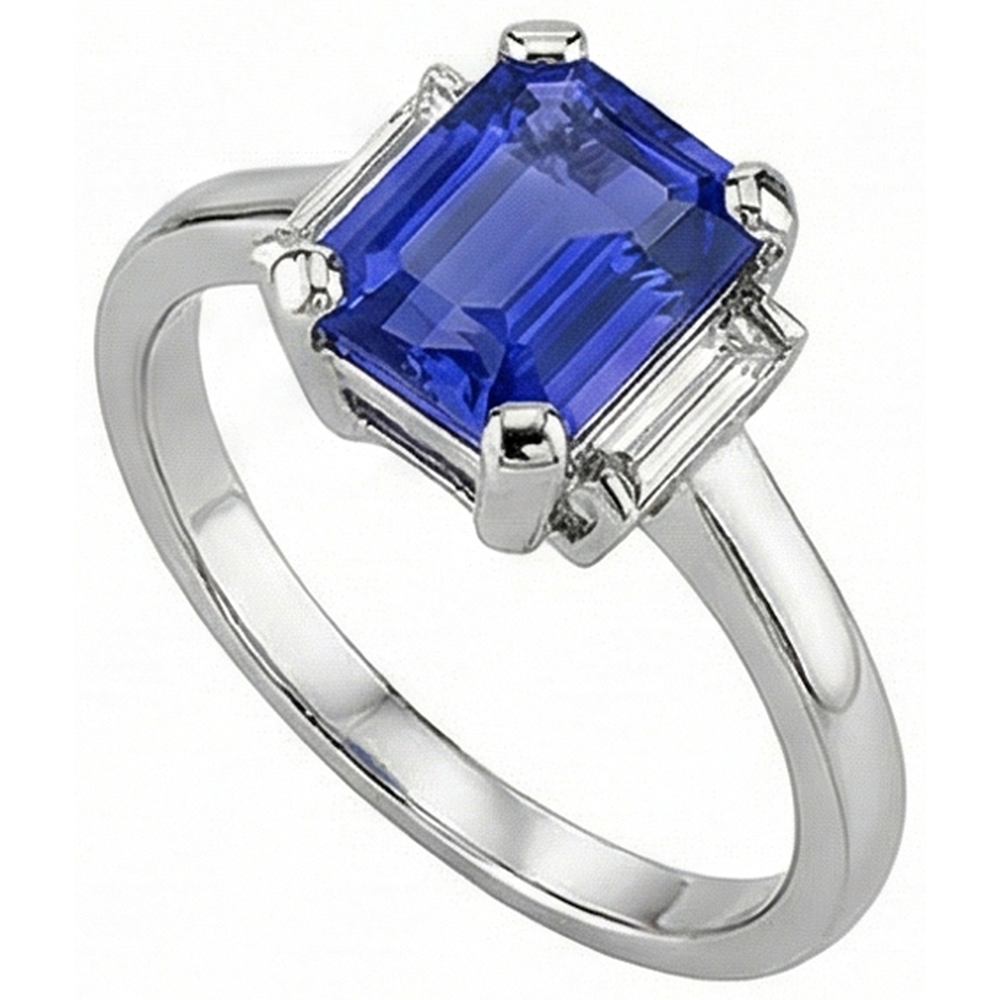 Ceylon Sapphire 3 Stone Emerald Shaped & Baguette Ring 2.50 Carats