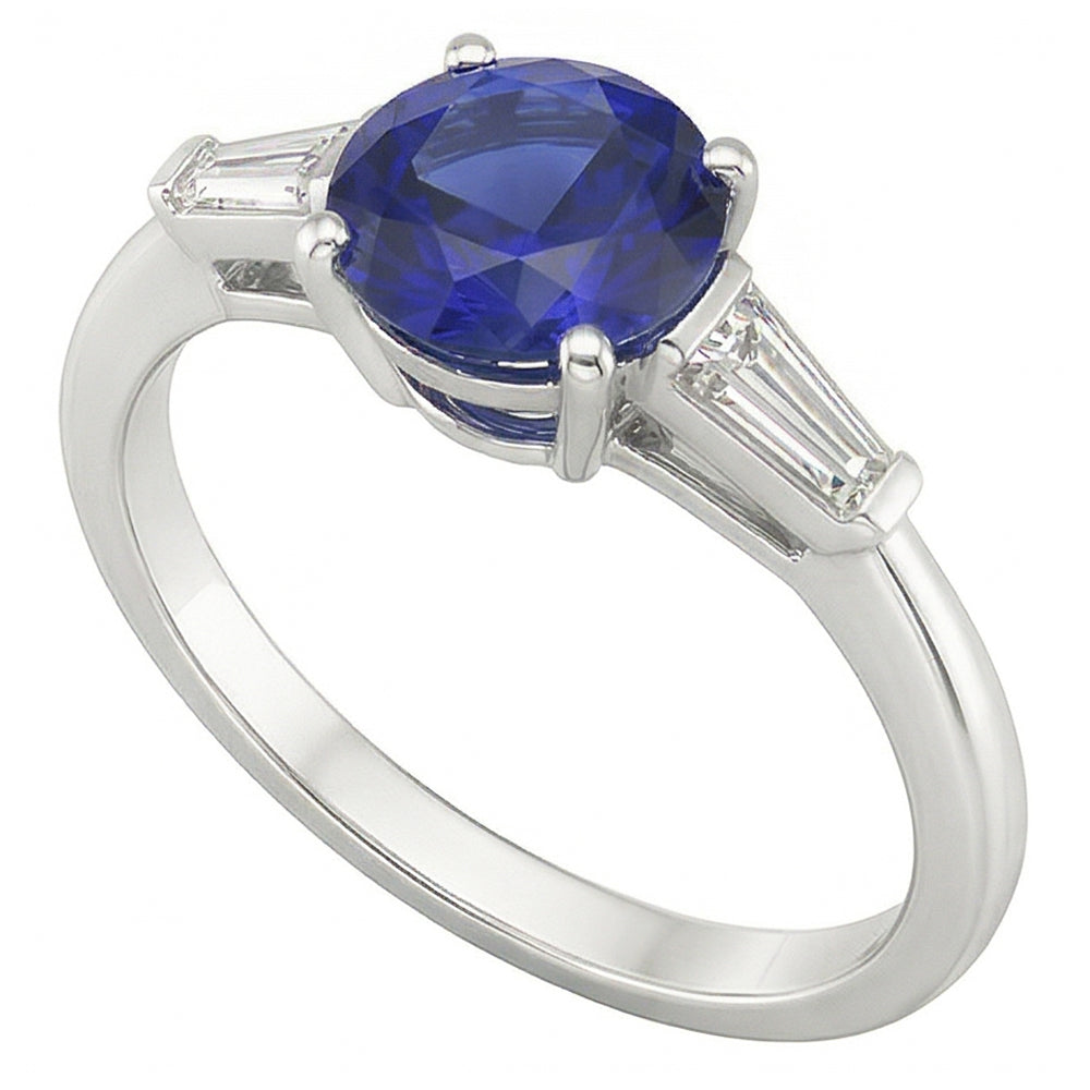 Ceylon Sapphire 3 Stone Ring 2.50 Carats Bar Set Baguette Natural Earth Mined Diamond ( Not Lab Grown )s
