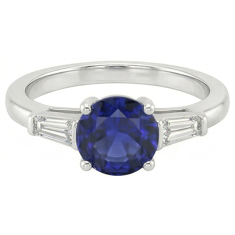 Ceylon Sapphire 3 Stone Ring 2.50 Carats Bar Set Baguette Natural Earth Mined Diamond ( Not Lab Grown )s