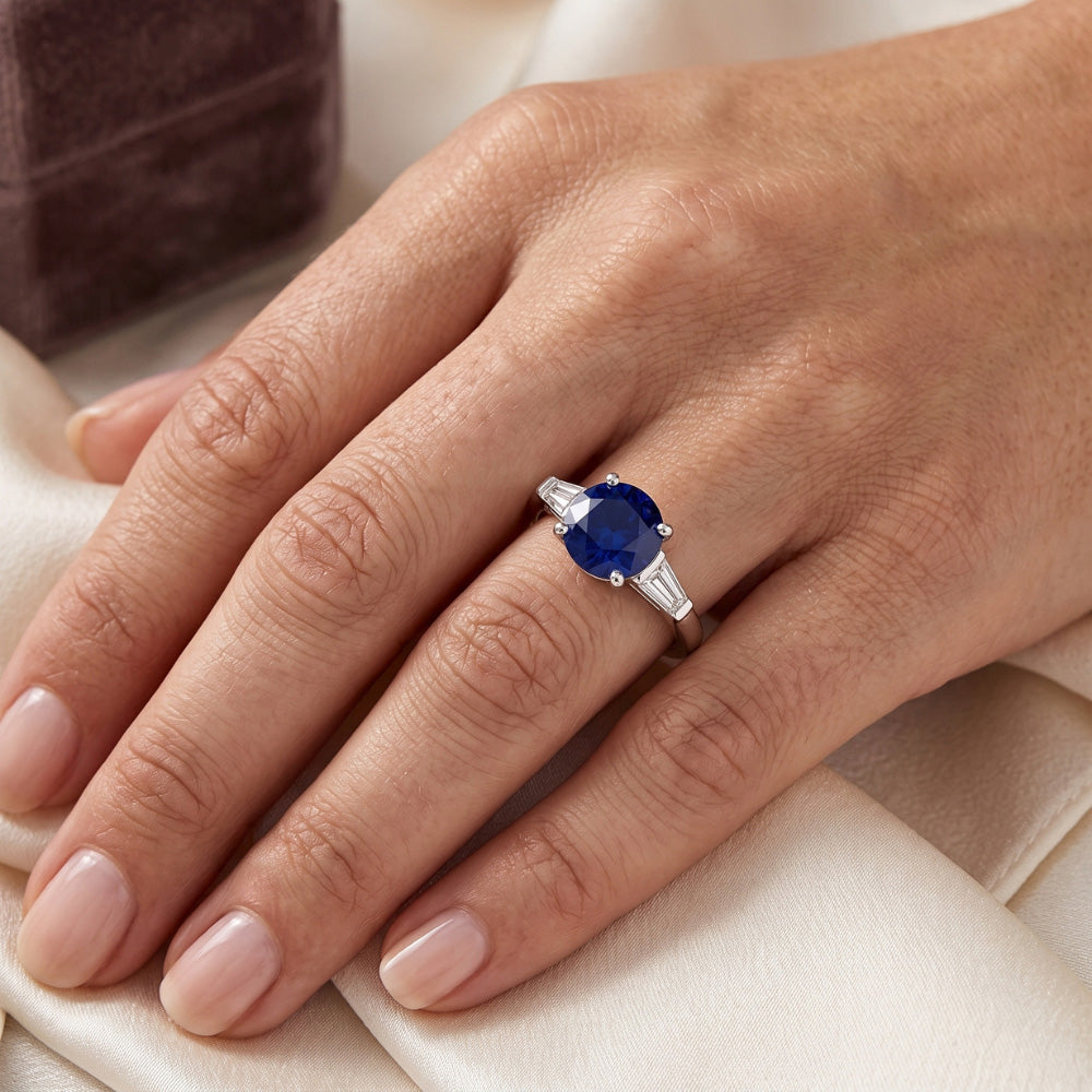 Ceylon Sapphire 3 Stone Ring 2.50 Carats Bar Set Baguette Natural Earth Mined Diamond ( Not Lab Grown )s