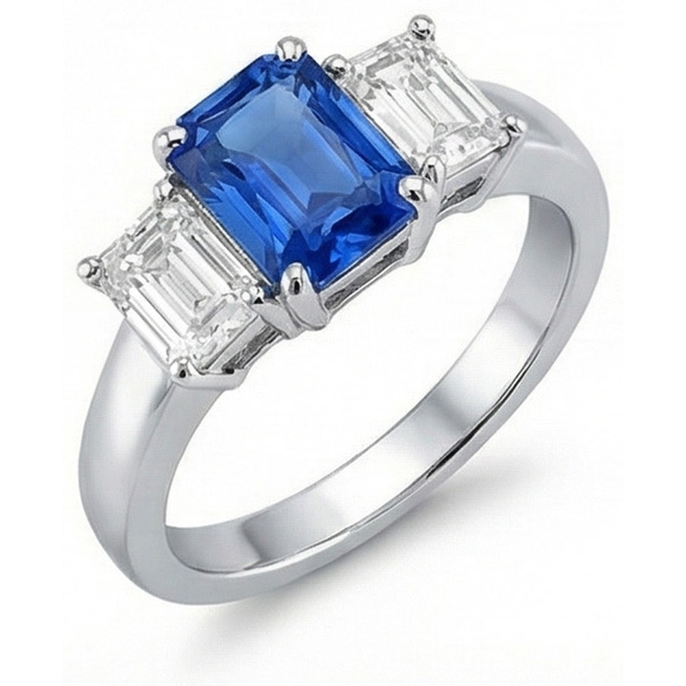 Ceylon Sapphire 3 Stone Ring Radiant & Emerald Natural Earth Mined Diamond ( Not Lab Grown )s 2.50 Carats