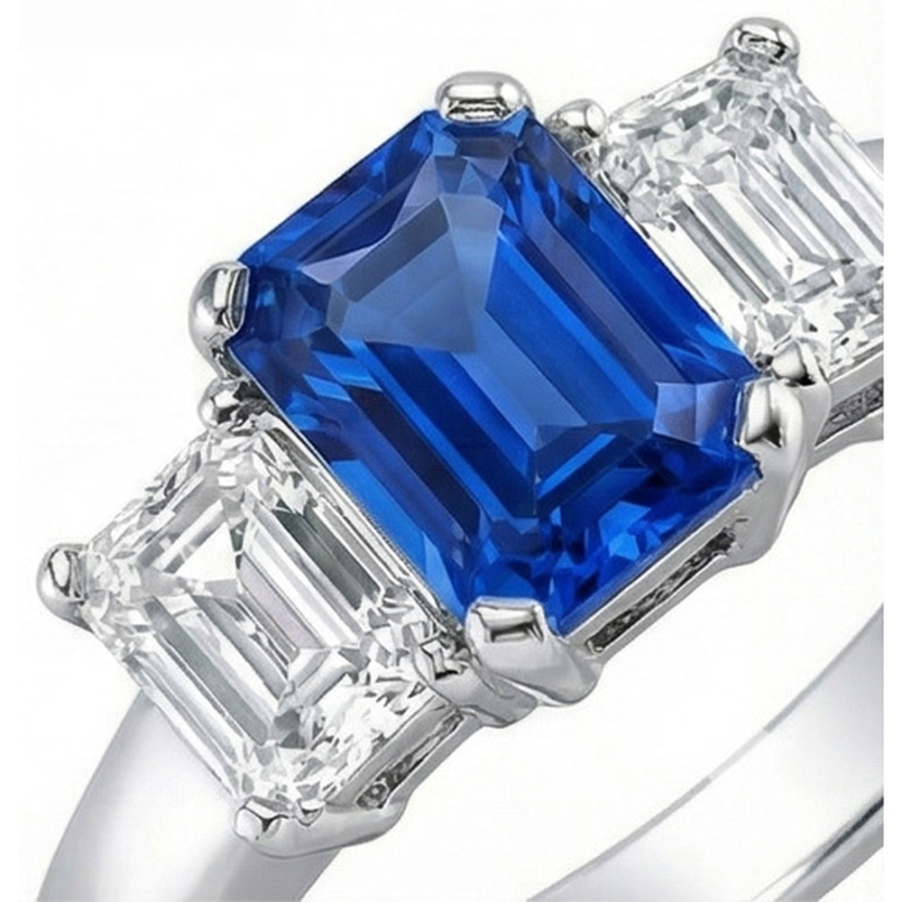 Ceylon Sapphire 3 Stone Ring Radiant & Emerald Natural Earth Mined Diamond ( Not Lab Grown )s 2.50 Carats