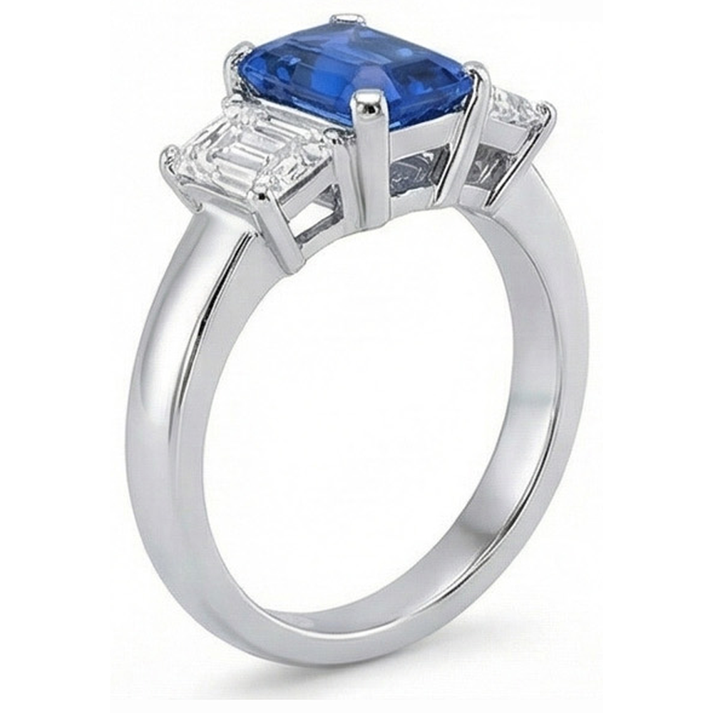 Ceylon Sapphire 3 Stone Ring Radiant & Emerald Natural Earth Mined Diamond ( Not Lab Grown )s 2.50 Carats