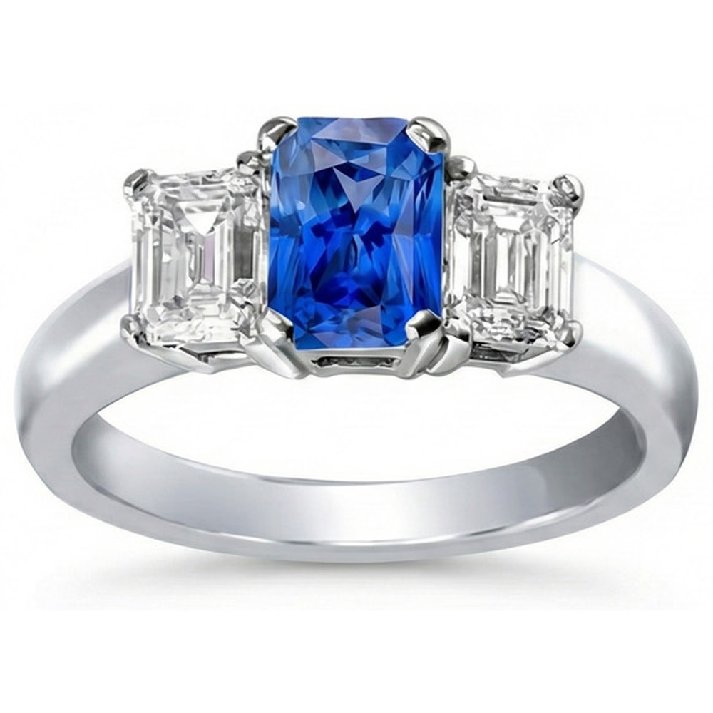 Ceylon Sapphire 3 Stone Ring Radiant & Emerald Natural Earth Mined Diamond ( Not Lab Grown )s 2.50 Carats