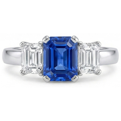 Ceylon Sapphire 3 Stone Ring Radiant & Emerald Natural Earth Mined Diamond ( Not Lab Grown )s 2.50 Carats