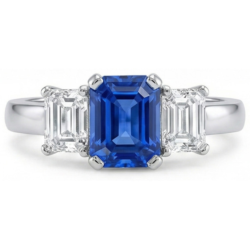Ceylon Sapphire 3 Stone Ring Radiant & Emerald Natural Earth Mined Diamond ( Not Lab Grown )s 2.50 Carats