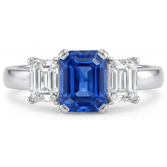 Ceylon Sapphire 3 Stone Ring Radiant & Emerald Natural Earth Mined Diamond ( Not Lab Grown )s 2.50 Carats