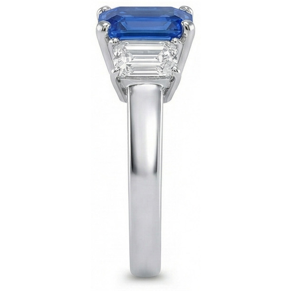 Ceylon Sapphire 3 Stone Ring Radiant & Emerald Natural Earth Mined Diamond ( Not Lab Grown )s 2.50 Carats