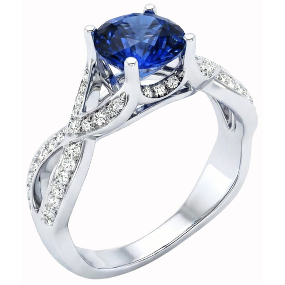 Ceylon Sapphire And Round Natural Earth Mined Diamond ( Not Lab Grown ) s 3 Ct Ring White Gold 14K