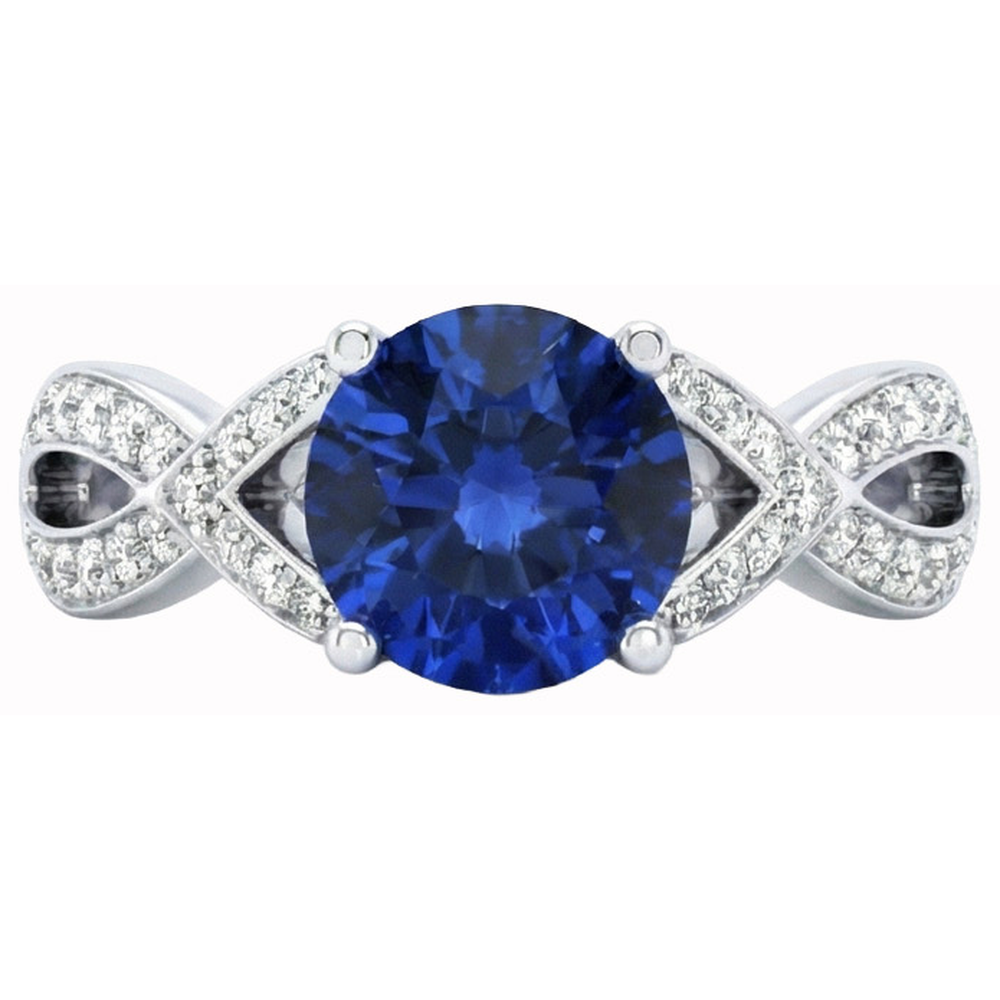 Ceylon Sapphire And Round Natural Earth Mined Diamond ( Not Lab Grown ) s 3 Ct Ring White Gold 14K