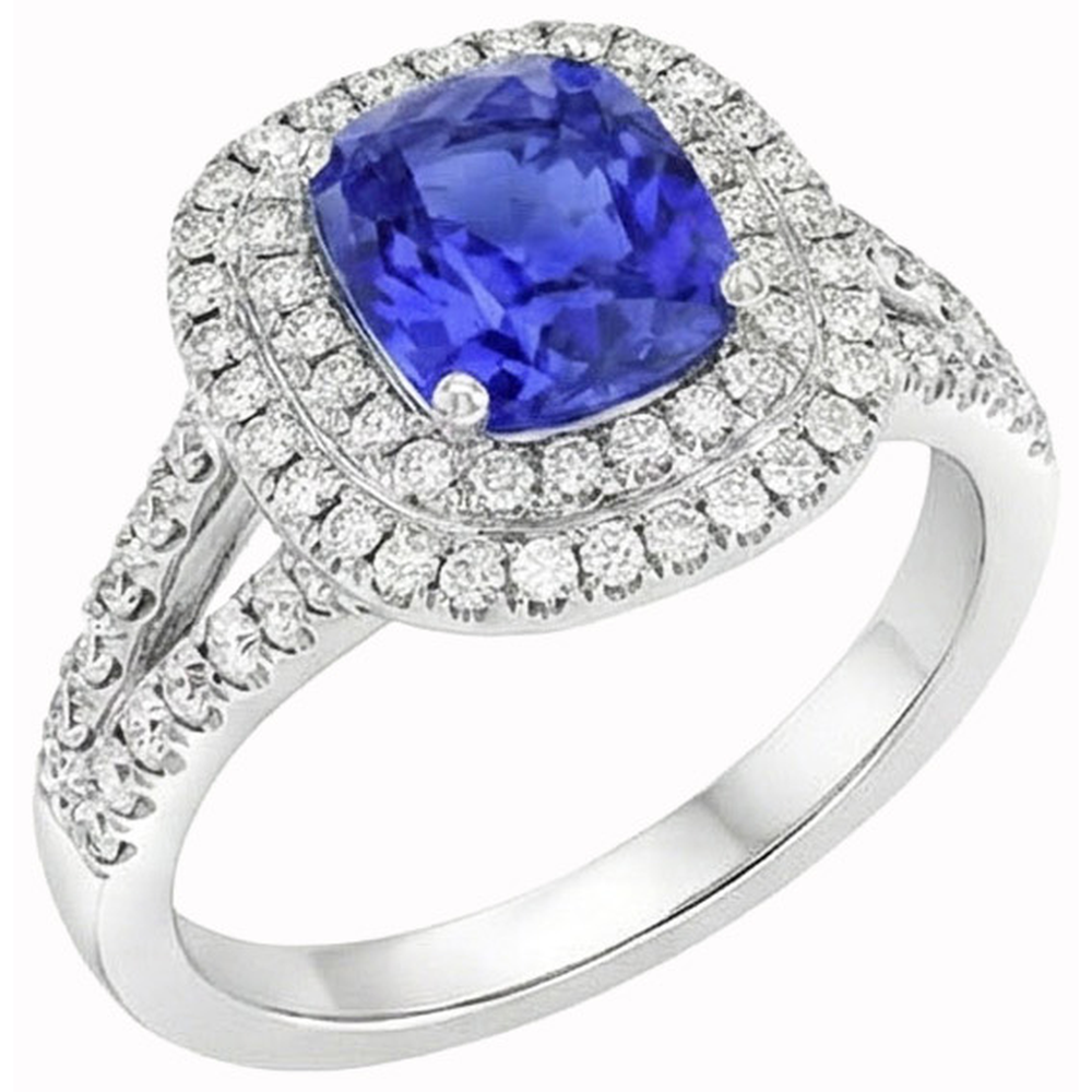 Ceylon Sapphire Double Halo Ring Solid Gold 14K Jewelry 3.5 Ct