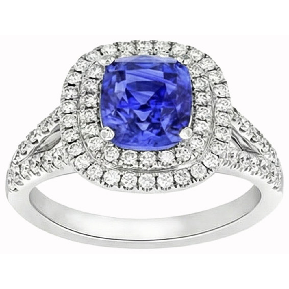 Ceylon Sapphire Double Halo Ring Solid Gold 14K Jewelry 3.5 Ct