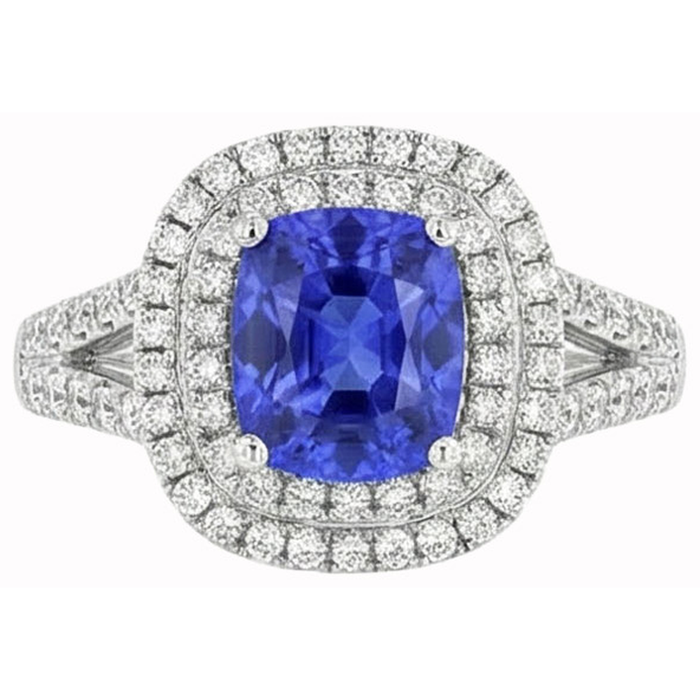 Ceylon Sapphire Double Halo Ring Solid Gold 14K Jewelry 3.5 Ct