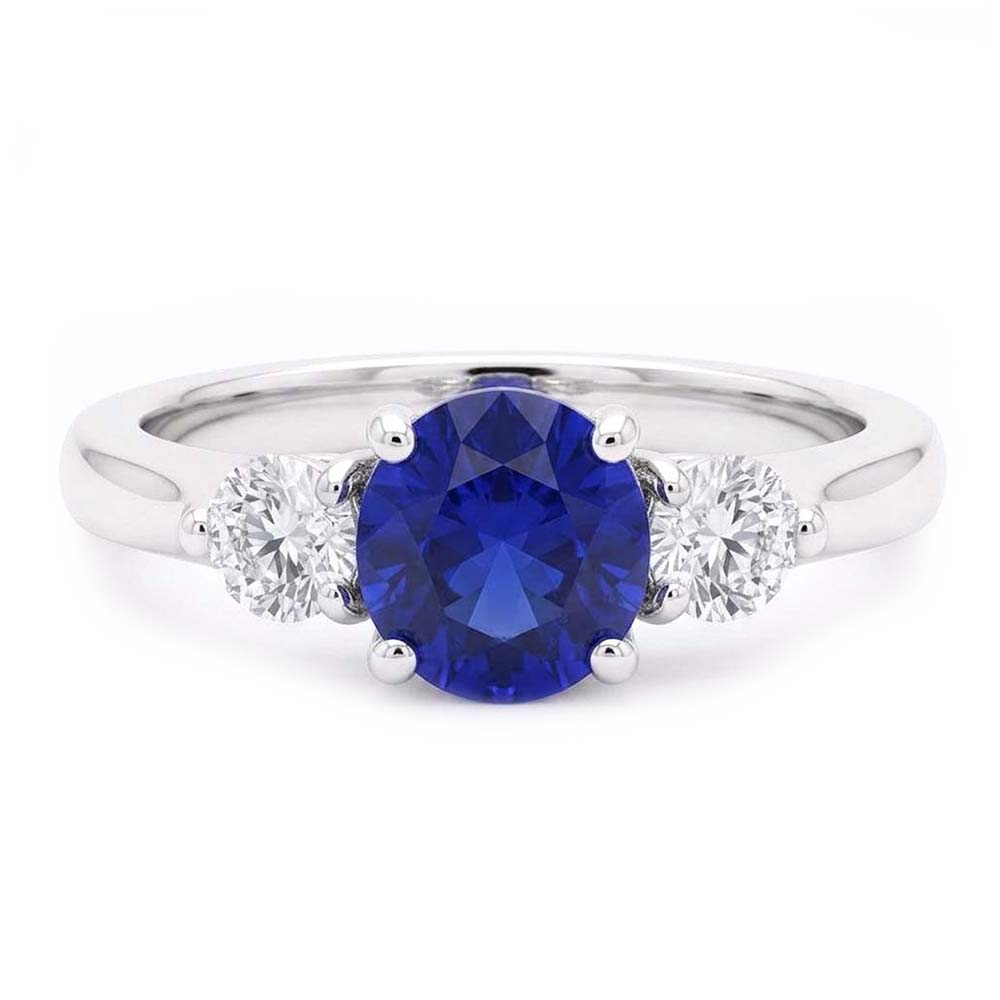 Ceylon Sapphire Gemstone Ring Women 3 Stone Round Natural Earth Mined Diamond ( Not Lab Grown )s 2.50 Carats