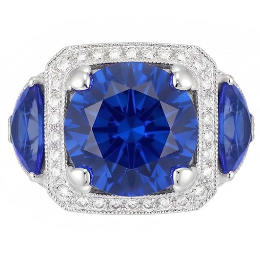 Ceylon Sapphire Gold Engagement Ring Round Natural Earth Mined Diamond ( Not Lab Grown ) s 6 Ct.